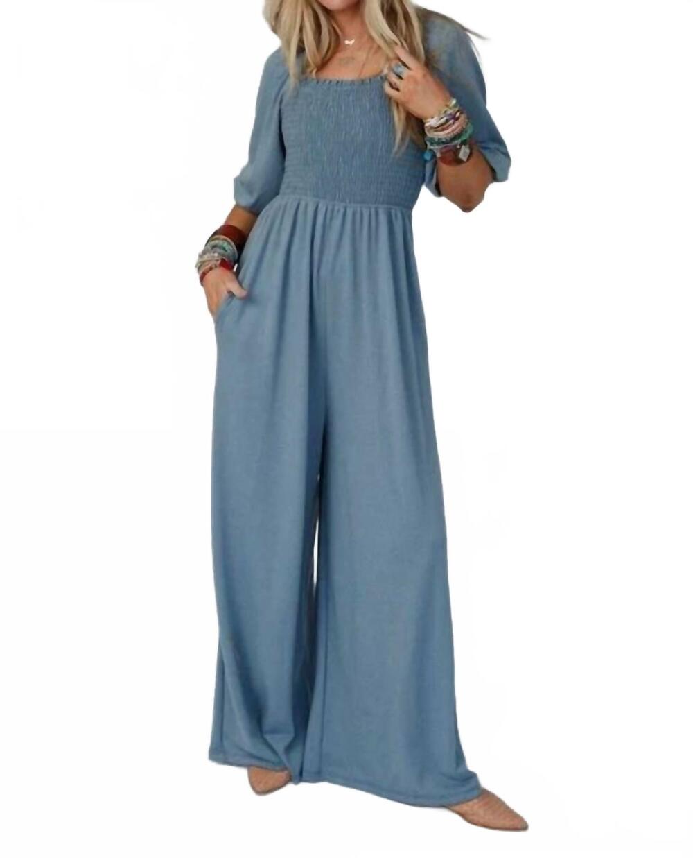 NEW THREE BIRD NEST smocked wide leg jumpsuit in dusty blue
